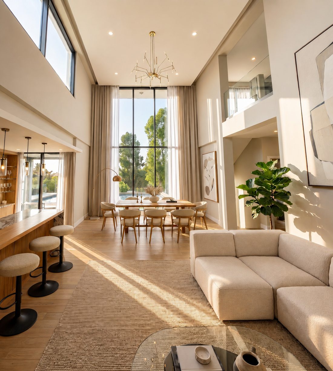 Casa Horizonte, estar–comedor de doble altura